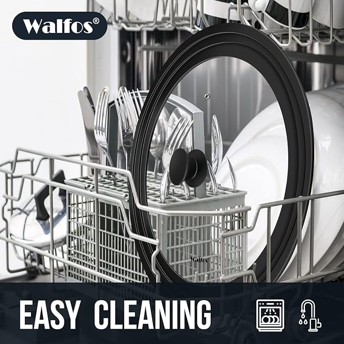 Walfos Universal Lid for Pots, Pans and Skillets - Tempered Glass with Heat Resistant Silicone Rim, Fits 13", 14" and 15" Diameter Cookware