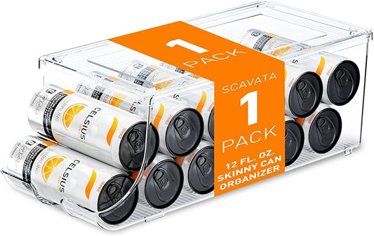 Skinny Can Organizer for Refrigerator, Stackable Tall Skinny Soda Pop Can Holder Dispenser with Lid for Fridge Pantry Rack Freezer, Clear Plastic Storage Bins-Holds 12 Slim Cans (See-through)