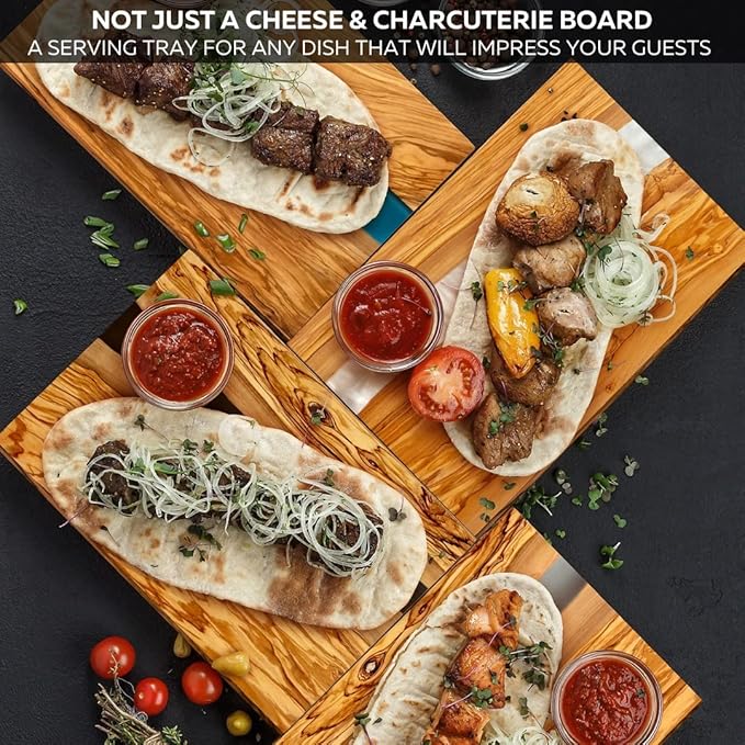 Handcrafted Italian Olive Wood Cheese & Charcuterie Board Set with Unique Gray Resin Artwork - Cutting Board Comes with 4 Cheese Knives, 2 Dipping Bowls & Corkscrew Wine Opener (Gray)