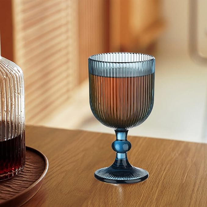 Blue Vintage Wine Glasses Set of 6, 11 Ounces Colored Glass Water Goblets, Unique Embossed Pattern High Clear Stemmed Glassware Wedding Party Bar Glass Drinking Cups Fancy Glasses Vertical Line