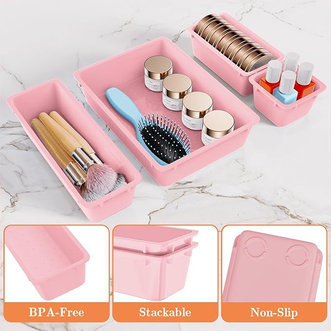 25 PCS Plastic Drawer Organizer Set, 4-Size Versatile Organizer Trays & storage Bins for Makeup, Jewelry, and Gadgets in Bathroom, Bedroom and Office, Pink