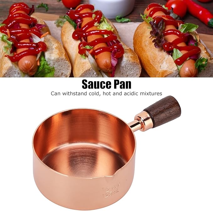 Mini Sauce Pan, Stainless Steel Butter Warmer with Pour Spout and Wooden Handle Rose Gold Melting Pot for Making Sauces, Chocolate Melting, Coffee Tea Soup Warming(1/2cup)