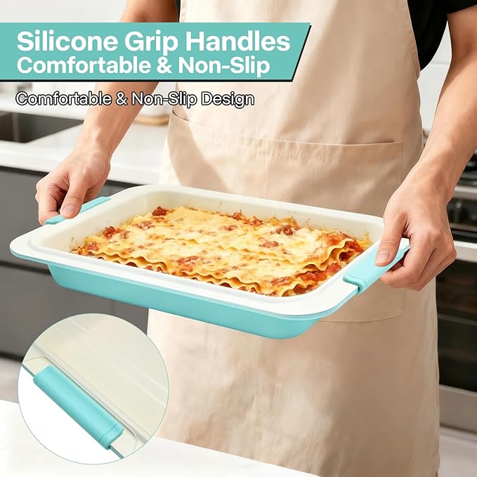 13x9 Inch Heavy-Duty Baking Pan with Lid, Nonstick Rectangular Cake Pan with Silicone Grip Handles and Snap-On Cover, Durable Lasagna Pan for Brownies, Casseroles, Parties & Potlucks