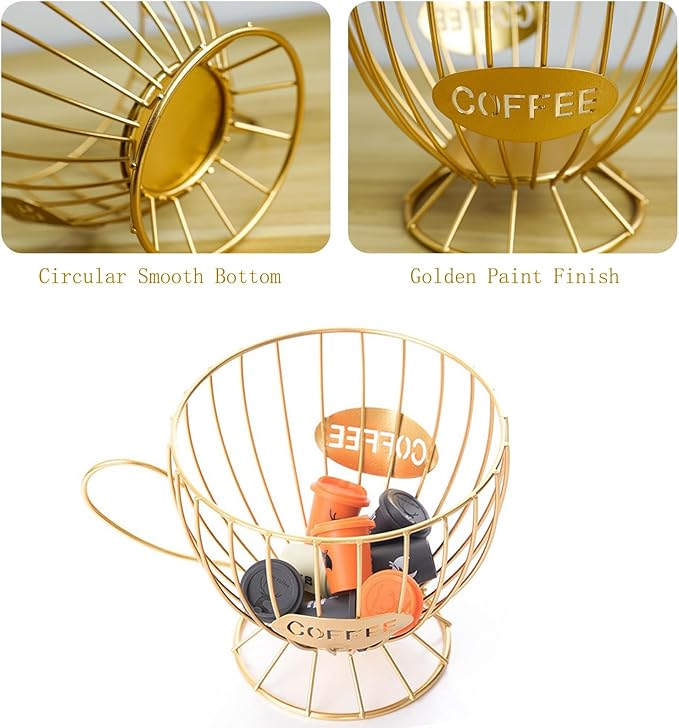 Coffee Pod Holder,Large K Cup & Capsule Organizer, Coffee Capsule Basket, Metal Coffee Bar Organizer for Kitchen Dinning Room Office Home Cafe Hotel (Gold)