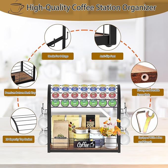 K Cup Coffee Pod Holder, 2 Tier Coffee Bar Organizer with 8 Mug Hooks, 2025 New K Cup Holders for Counter, Easy Assembly, Multi-functional Coffee Station Organizer for Countertop, Home or Office,Black