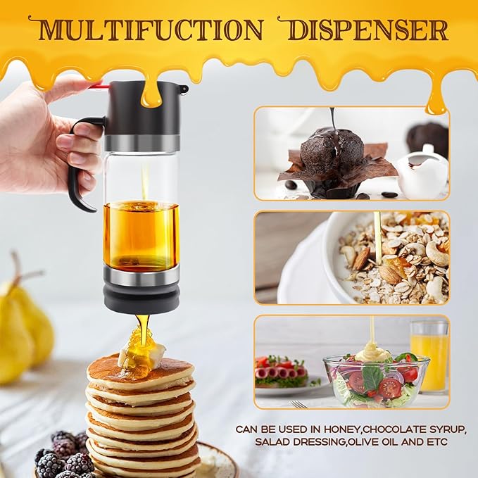 12 OZ Glass Honey Dispenser with Handle,Honey Syrup Dispenser No Drip with Cleaning Brush,Honey Jar for Coffee or Tea,Black