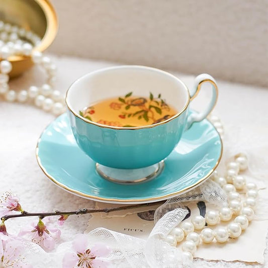 Aynsley Handpainting Colored Glaze Pembroke Oban Fine Bone China English Tea Cup and Saucer Set, 6.1 oz (Turq)