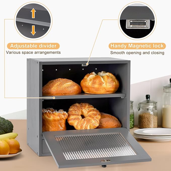 Sunhoo Bread Box for Kitchen Countertop Bin 2 Layer Wooden Bread Storage Breadbox Holder Large Capacity Container Bread Organizer Farmhouse Keeper Shelf with Drawer Acrylic Window (Grey