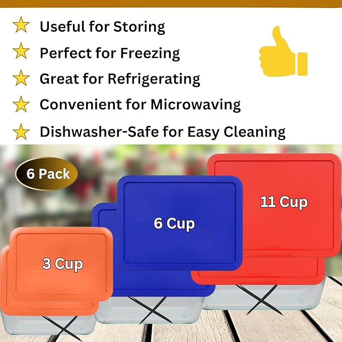 3, 6 & 11 Cup Orange, Blue, Red Replacement Lids/Covers for Pyrex, Anchor Hocking & KlareWare Storage Bowls *Lids Only Glass Container Not Included* (6 Pack *Two of Each Size*)