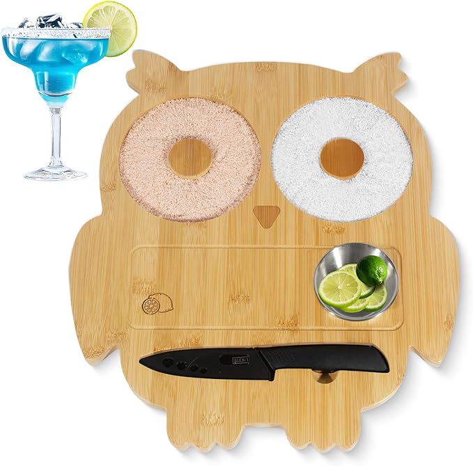 Margarita Salt Rimmer Set Salt Rimmer Set for Cocktails Owl-Shaped Salt & Sugar Rimmer Set with Bowl and Knife Glass Rimmer Bartender Accessories for Home Bar Party Drinks (Light Bamboo)