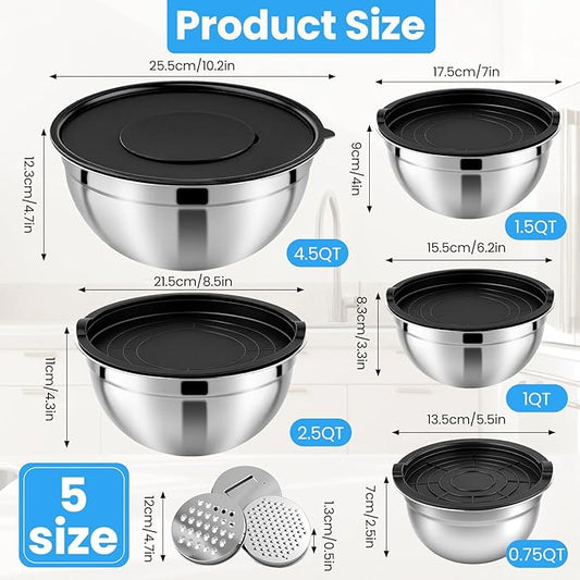 Mixing Bowls with Airtight Lids Set of 5, Stainless Steel Mixing Bowls with 3 Grater Attachments, Nesting Salad Bowl for Prepping, Serving, Cooking, Kitchen, 0.75/1/1.5/2.5/4.5QT, Black