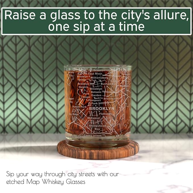 Greenline Goods Whiskey Glasses - 10 Oz Tumbler Gift Set for Brooklyn lovers, Etched with Brooklyn Map | Old Fashioned Rocks Glass - Set of 2