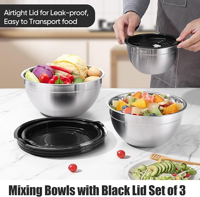P&P CHEF Black Mixing Bowls with Lids, Set of 3, Stainless Steel Salad Nesting Bowl for Mixing, Storing, Prepping, Airtight & Stackable, Size 4.6/3 /1.5 QT