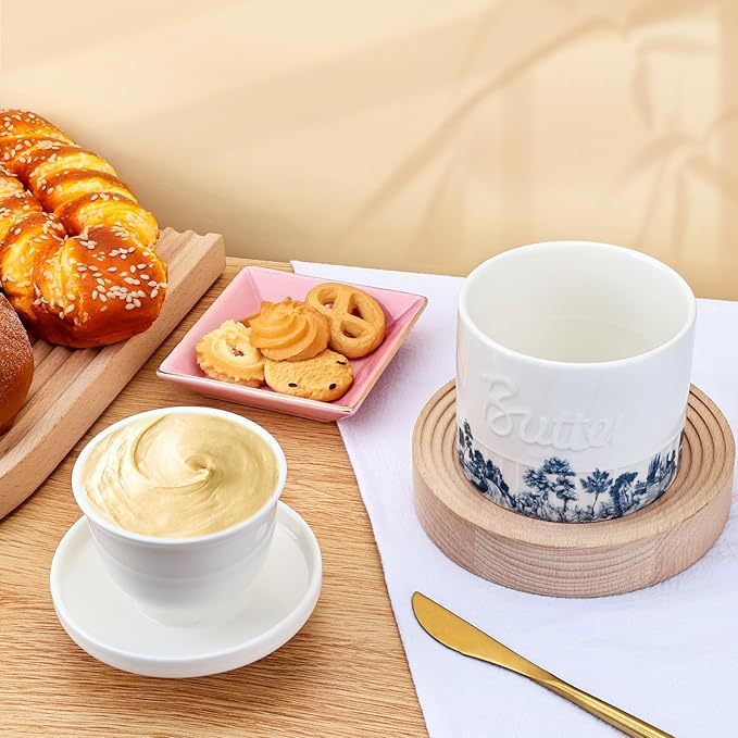 Butter Crock with Water Line, Ceramic Butter French Keeper Dish with Lid for Fresh Spreadable Butter (Forest Blue)