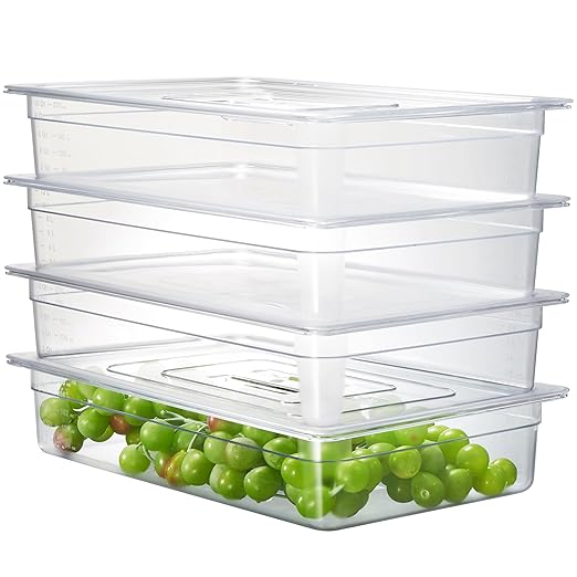 CURTA 4-Pack Full Size 4" Deep NSF Polycarbonate Food Pans with Handled Lids & Drain Trays | Dishwasher & Freezer Safe Clear Container for Prep Tables, Buffet, Salad Bar, Commercial Kitchen