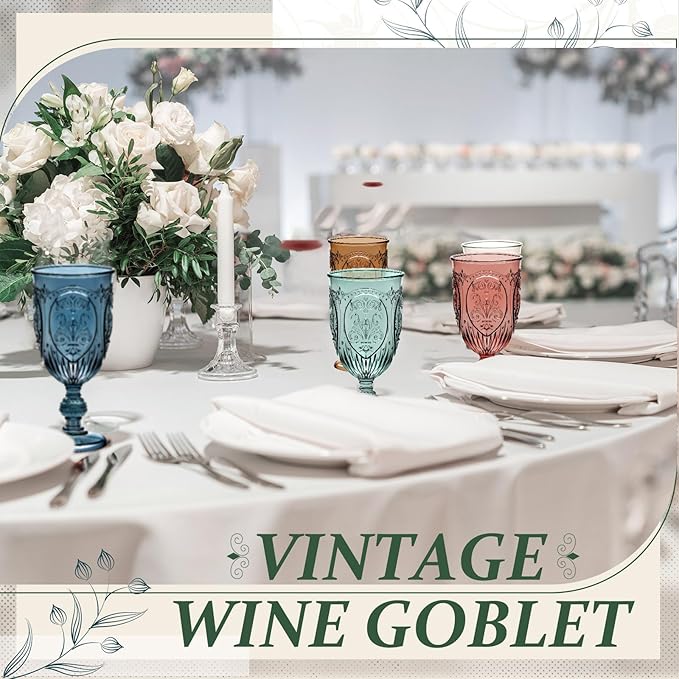 24 Pcs Plastic Goblets 7.5oz Vintage Goblet Plastic Wine Glasses Colored Retro Embossed Water Goblets for Wine Bar Juice Baby Shower Wedding Reception Grand Event Party (Mixed Color)