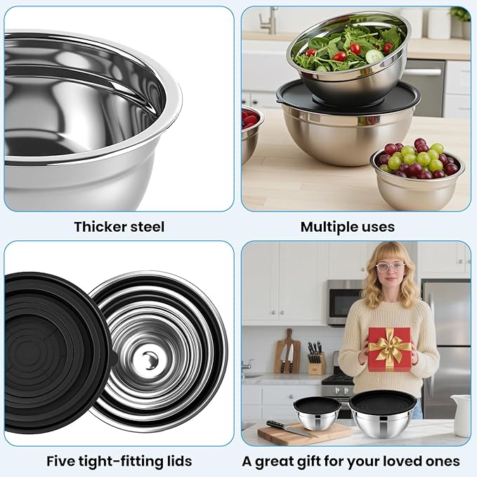 Mixing Bowls with Airtight Lids Set of 5, Stainless Steel Mixing Bowls with 3 Grater Attachments, Nesting Salad Bowl for Prepping, Serving, Cooking, Kitchen, 0.75/1/1.5/2.5/4.5QT, Black