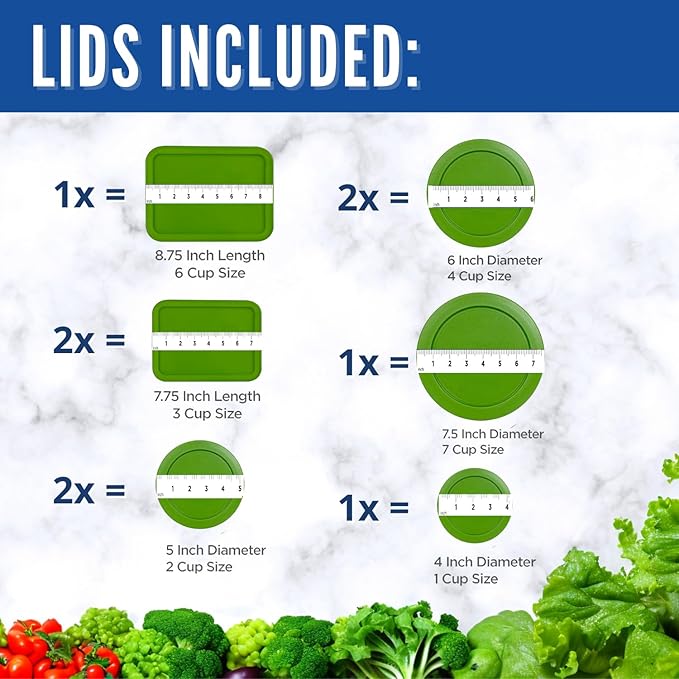 Replacement Lids for Pyrex Glass Food Storage Containers Rectangular (1) 1-Cup (2) 2-Cup (2) 4-Cup (1) 7-Cup (2) 3-Cup (1) 6-Cup Round Rectangle (Green)