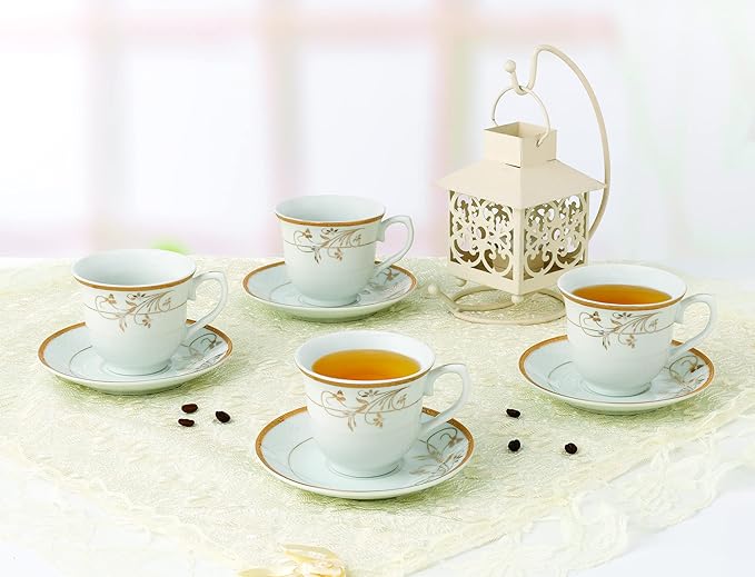 World Gifts Elegant Durable and Colorful Porcelain Tea-Coffee Cups and Saucers Set - Gold Floral Design, Set of 4