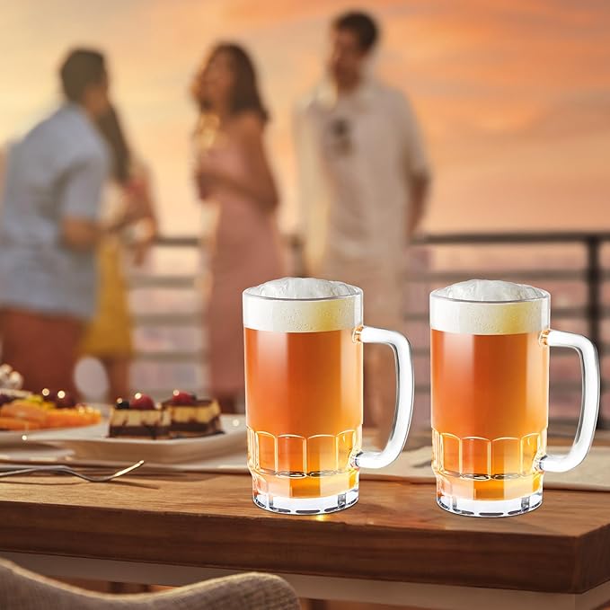 20 OZ Beer Stein Mugs, German Clear Large Tall Beer Glasses With Handle for Men, Vertical Bar Mug Set of 2