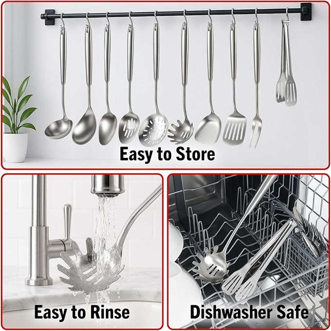 Newness 304 Stainless Steel Spaghetti Server and Spaghetti Tong, [Rustproof, Integral Forming, Durable] Pasta Spoon with Teeth with Vacuum Ergonomic Handle, Comfortable Grip Design Pasta Server