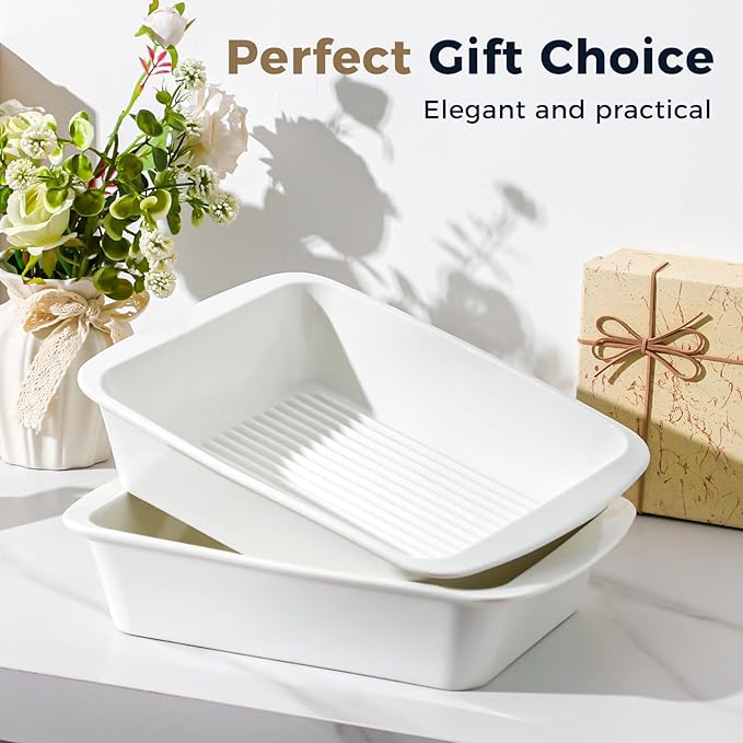 Baking Dish for Oven, 9.3'' x14'' Ceramic Casserole Dish, Lasagna Pan, Oven Safe Bakeware Sets with Handles, Microwave, Dishwasher Safe, Home Decor, Wedding Gift, White, Set of 2