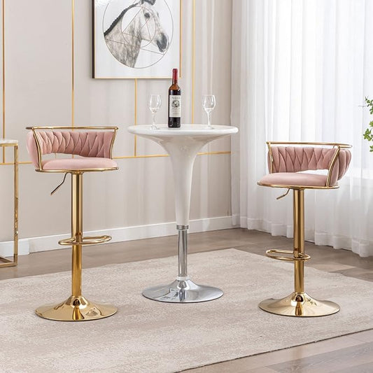 LukeAlon Velvet Adjustable Barstools Set of 4, Modern 360° Swivel Counter Stools with Golden Base Upholstered Open Back Tall Bar Chairs with Footrest for Home Kitchen, Pink
