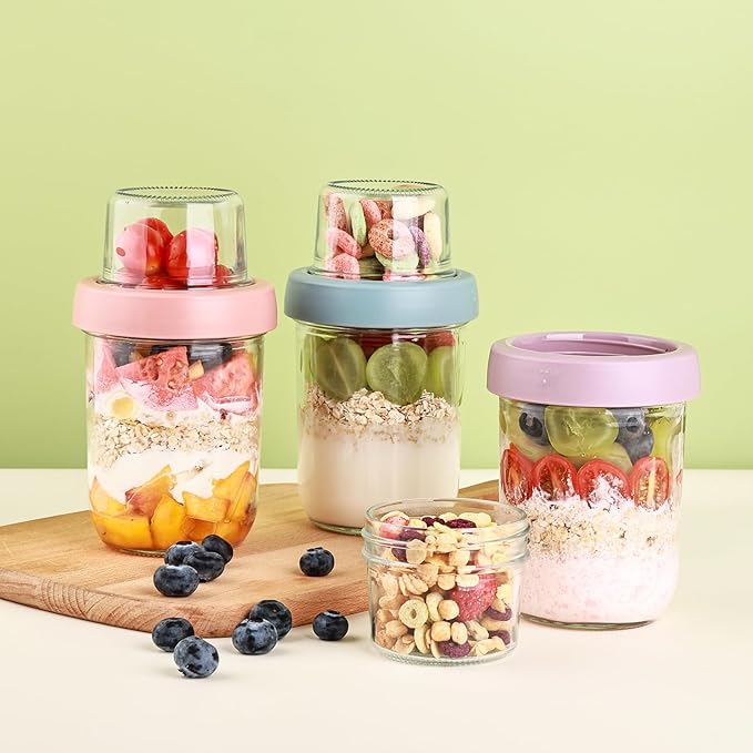 6 Pack Overnight Oats Containers with Lids, 16 OZ Dual Layer Yogurt Containers with Dry and Wet Separation, Airtight Leak Proof Oatmeal Jar for Chia Pudding, Breakfast, Cereal