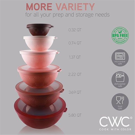 COOK WITH COLOR Mixing Bowls with Lids - 12 Piece Plastic Nesting Bowls Set includes 6 Prep Bowls and 6 Lids, Rhombus Design - Microwave Safe (Rose)