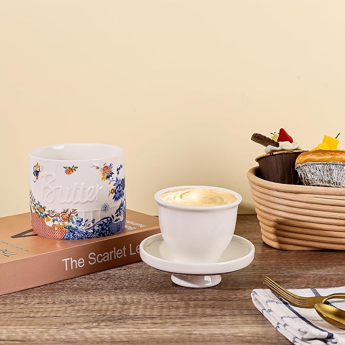Butter Crock with Water Line, Ceramic Butter Keeper for Counter, French Butter Dish with Lid for Spreadable Fresh Butter (Orange and Blue Lotus)