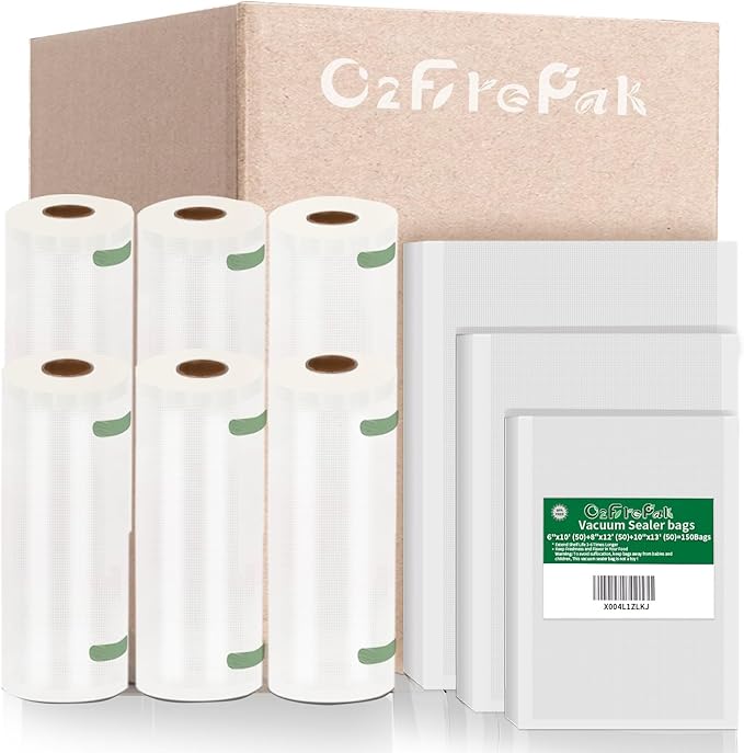 O2frepak Multi-Size 50x 6''x10'',50x 8''x12'',50 X10'' X13''and 3 Rolls11''x20',3 Rolls 8''x20' BPA Free Sous Vide Seal a Meal Commercial Grade Vacuum Seal PreCut Combo Pack Bags Rolls