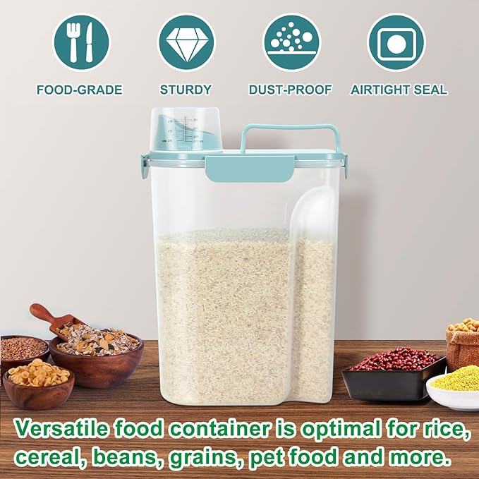 TBMax Airtight Rice Container 10 Lbs Cereal Dispenser, Small Pet Cat Dog Food Storage Container, Plastic Kitchen Pantry Food Storage Holder with Cup -Light Blue