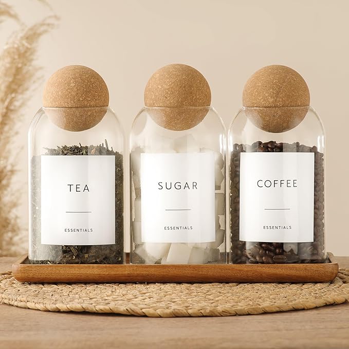 Coffee Sugar Tea Container Set, 3 Pack Glass Jars with Cork Lids, Apothecary Jars with Tray for Bathroom, Decorative Qtip and Cotton Ball Holder, Cute Display Jars for Coffee Bar (27oz)