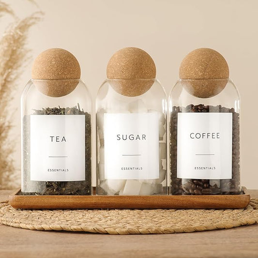 Coffee Sugar Tea Container Set, 3 Pack Glass Jars with Cork Lids, Apothecary Jars with Tray for Bathroom, Decorative Qtip and Cotton Ball Holder, Cute Display Jars for Coffee Bar (27oz)