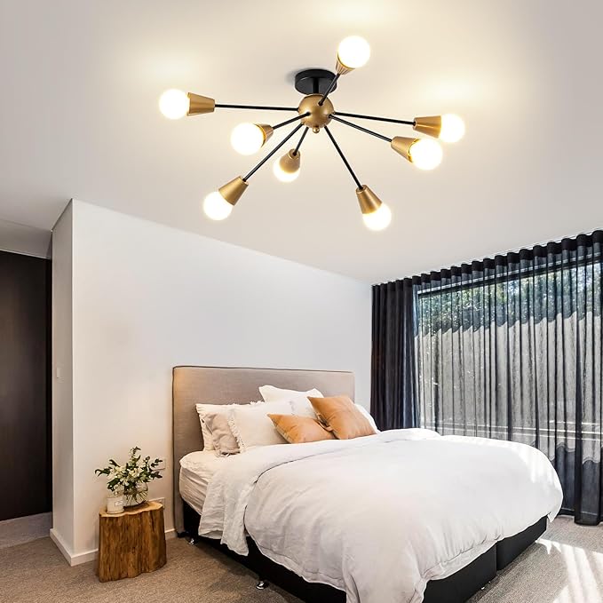 Modern Sputnik Ceiling Light Fixture,8-Lights Black and Gold Sputnik Chandeliers, Industrial Metal Semi Flush Mount Ceiling Light Fixture for Bedroom Hallway Entryway Kitchen