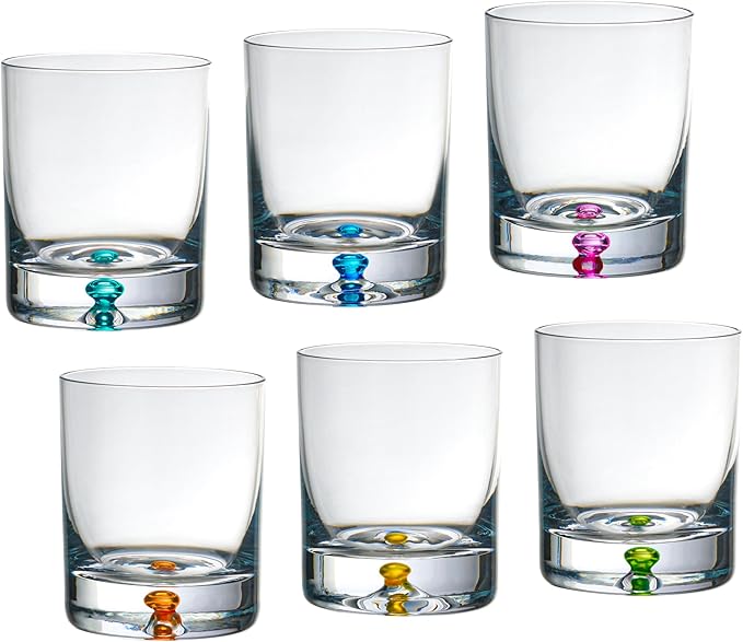 Barski Whiskey Glasses - Double Old Fashioned Rocks Glass - Set of 6 Lowball Tumbler - Crystal Glass Tumblers - Colored Bubble in The Base, Bourbon, Scotch, Drinking Glasses - 9.5 Oz - Made in Europe