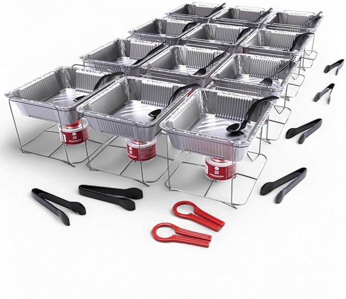 12 Pack - Disposable Chafing Dish Buffet Set, Welded Body Food Warmers for Parties, 2hr Fuel Cans Complete Set, Half Size Pans, Warming Trays