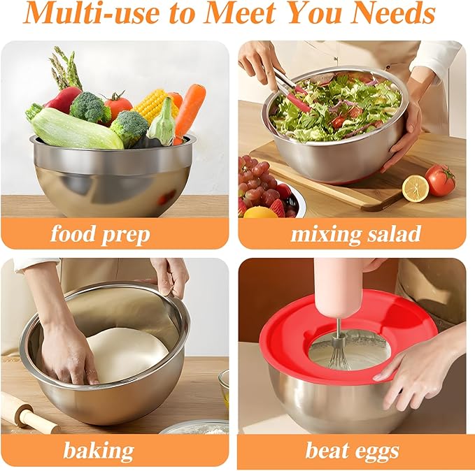 Mixing Bowls with Lids Set, 6 PCS Stainless Steel Mixing Bowls with 3 Grater Attachments, Kitchen Food Organizers Nesting Mixing Bowl, Large Size 4.5, 3.5, 2.1, 1.5, 1.1, 0.7QT-Colorful