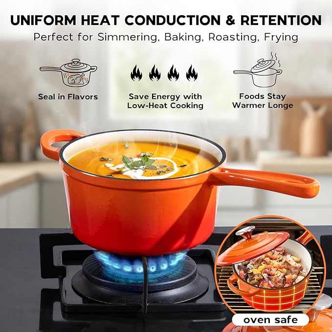 Onader Enameled Cast Iron Sauce Pan Pot, 1QT Saucepan with Lid, Small Enamel Dutch Oven Kitchen Cooking Pot – Sunset Orange