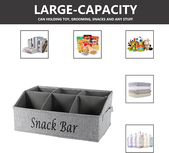 Snack Organizer for Countertop, Fabric Snack Container with Handles, 6 Compartment Snack Box Bin Snack Basket, Snack Bar Station Decor, Kitchen Cabinet Pantry Organizer and Storage