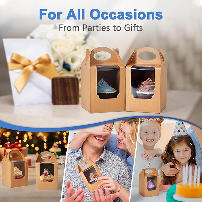 Cupcake Boxes 50 pcs, Individual Cupcake Containers Brown with Window Insert and Handle, Pastry Box Single Muffins Holder Disposable for Bakery Wrapping Party Favor Packaging