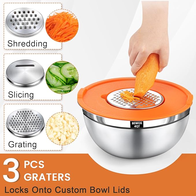 BEWOS Mixing Bowls with Airtight Lids Set - 5 Pcs Stainless Steel Mixing Bowls With 3 Grater Attachments, Size 4.5, 4, 3.5, 2.1, 1.5QT Metal Bowls for Baking and Serving (Colored)