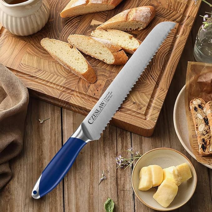 Bread Knife 2pcs, Forged from High Carbon German Steel, Full Tang Professional Grade Serrated Bread Knife for Homemade Bread