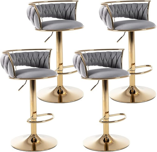 LukeAlon Modern Velvet Adjustable Barstools Set of 4, 360° Swivel Counter Stools with Golden Base Upholstered Open Back Tall Bar Chairs with Footrest for Home Pub Kitchen, Grey