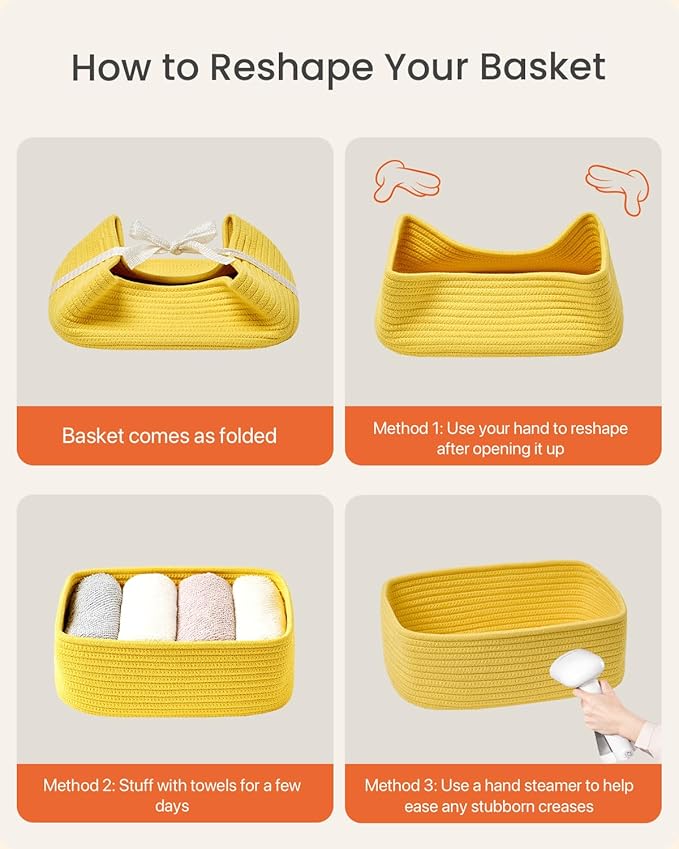 Small Woven Basket, 12 x 8 x 4.5 Inches, Storage Basket for Organizing, Cute Small Rope Shelf Closet Cube Storage Bins Baskets for Shelves, Dog Toy Gift Baskets Empty, 3 Pack Yellow