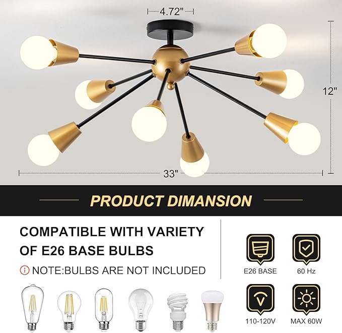 Modern Sputnik Ceiling Light Fixture,8-Lights Black and Gold Sputnik Chandeliers, Industrial Metal Semi Flush Mount Ceiling Light Fixture for Bedroom Hallway Entryway Kitchen
