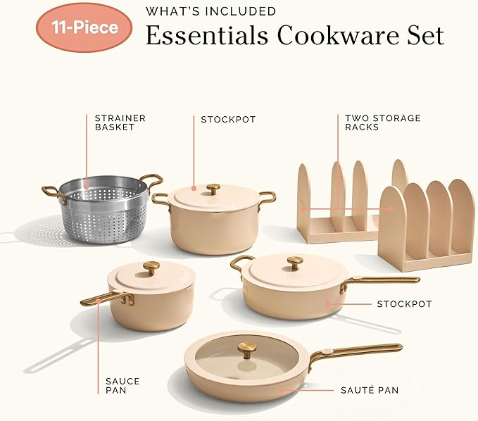 Our Place Essential Cookware Set – 11-Piece Ceramic Nonstick Set with 10" Frypan, Saucepan, Saute Pan, Stock Pot, Storage Racks and Strainer with Thermakind™ | Oven Safe up to 450°F | Cream