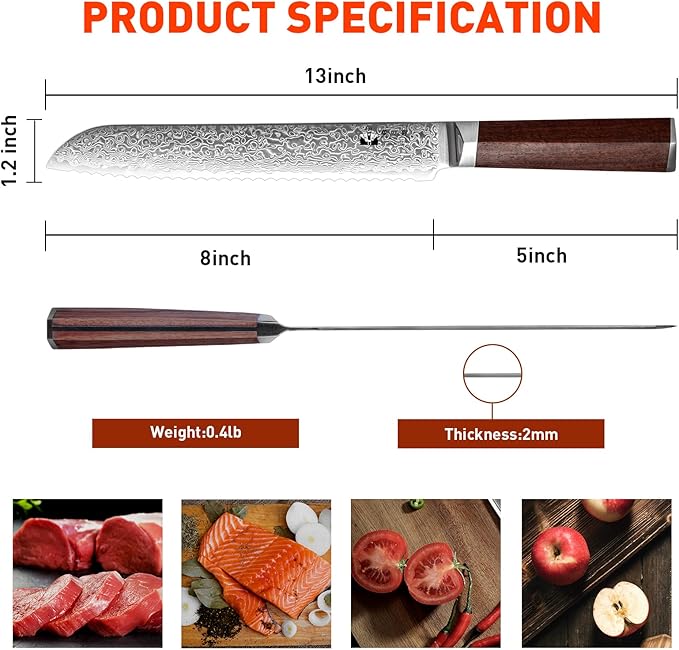 Serrated Bread Knife, 8 Inch Long Bread Knife for Homemade Bread with Damascus VG-10 Super Steel Core, Sharp 67-Layer Damascus Steel Cutting Knife with Natural Wood Handle