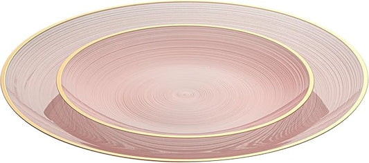 Restaurantware Plastic Plates 200 Pcs 7.13" and 10" Combo Gold Rimmed Plate Set Disposable Heavy-Duty Pink Translucent Rippled Plastic Dinner Servers for Party, Weddings, Salads, Desserts