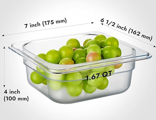 CURTA 6 Pack NSF Food Pans, 1/6 Size 2 1/2 Inch Deep, Commercial Polycarbonate Plastic Clear Freezer-Safe